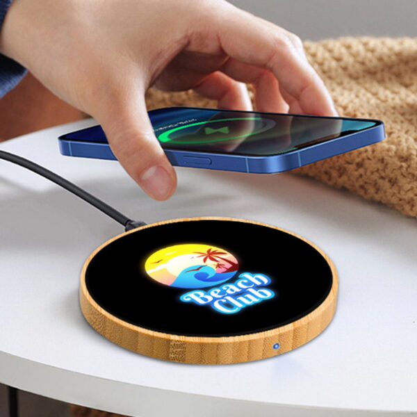 15W Light Up Multi Color Logo Round Bamboo Wireless Charger