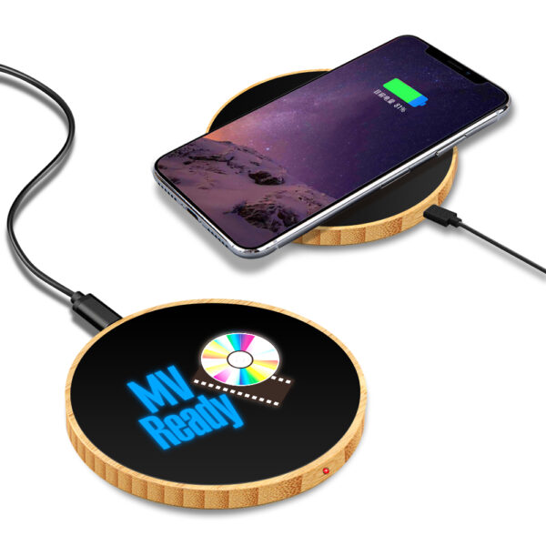 15W Light Up Multi Color Logo Round Bamboo Wireless Charger - Image 2