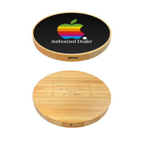 15W Light Up Multi Color Logo Round Bamboo Wireless Charger - Image 3