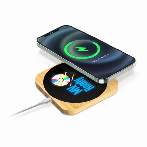 15W Light Up Multi Color Logo Square Bamboo Wireless Charger